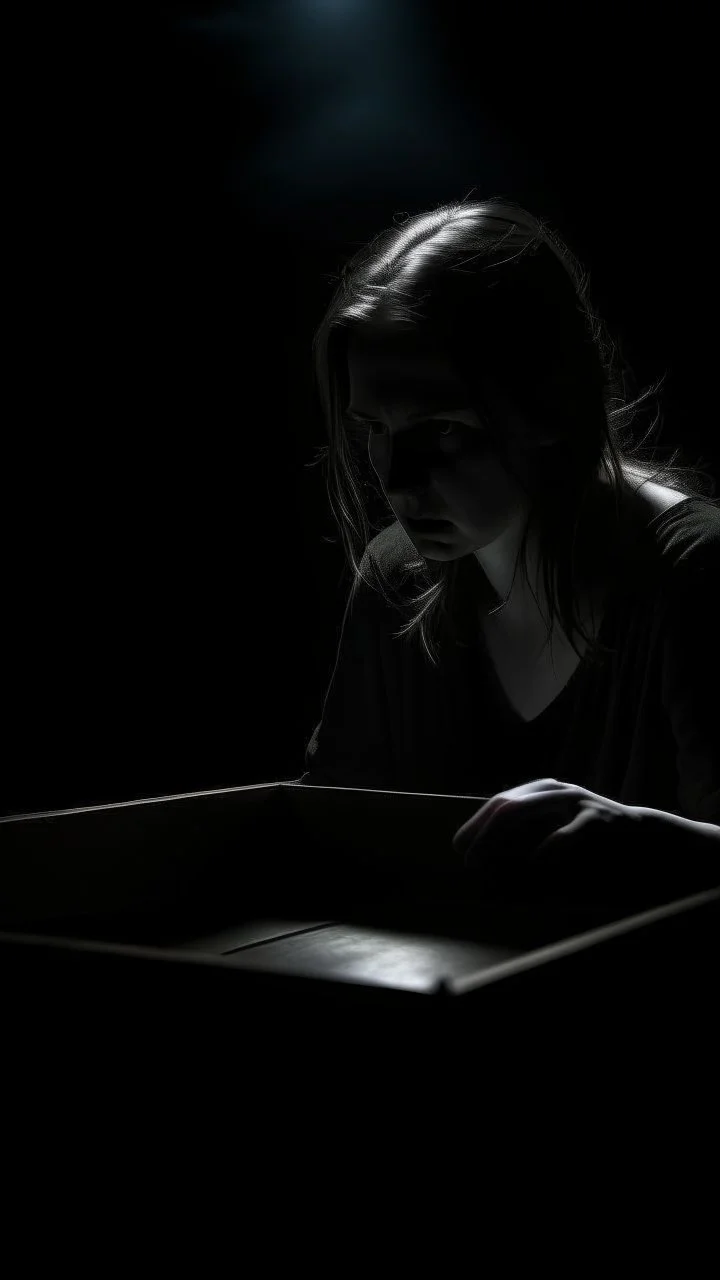 The picture captures a transformative moment as Emma opens the box with growing curiosity, and something darker than the darkness itself is revealed from it. The cool breeze reflects the suddenly changing atmosphere, creating a tense atmosphere. A dark ghost slowly appears from inside the box, its black shadows are forming around it, strangely glued to reality. Emma's cry reflects dismay and panic, throwing the box on the floor as an expression of her emergency reaction. The dark ghost appears a