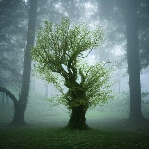 mystic tree full of sprites and surrounded by a magic aura and fog