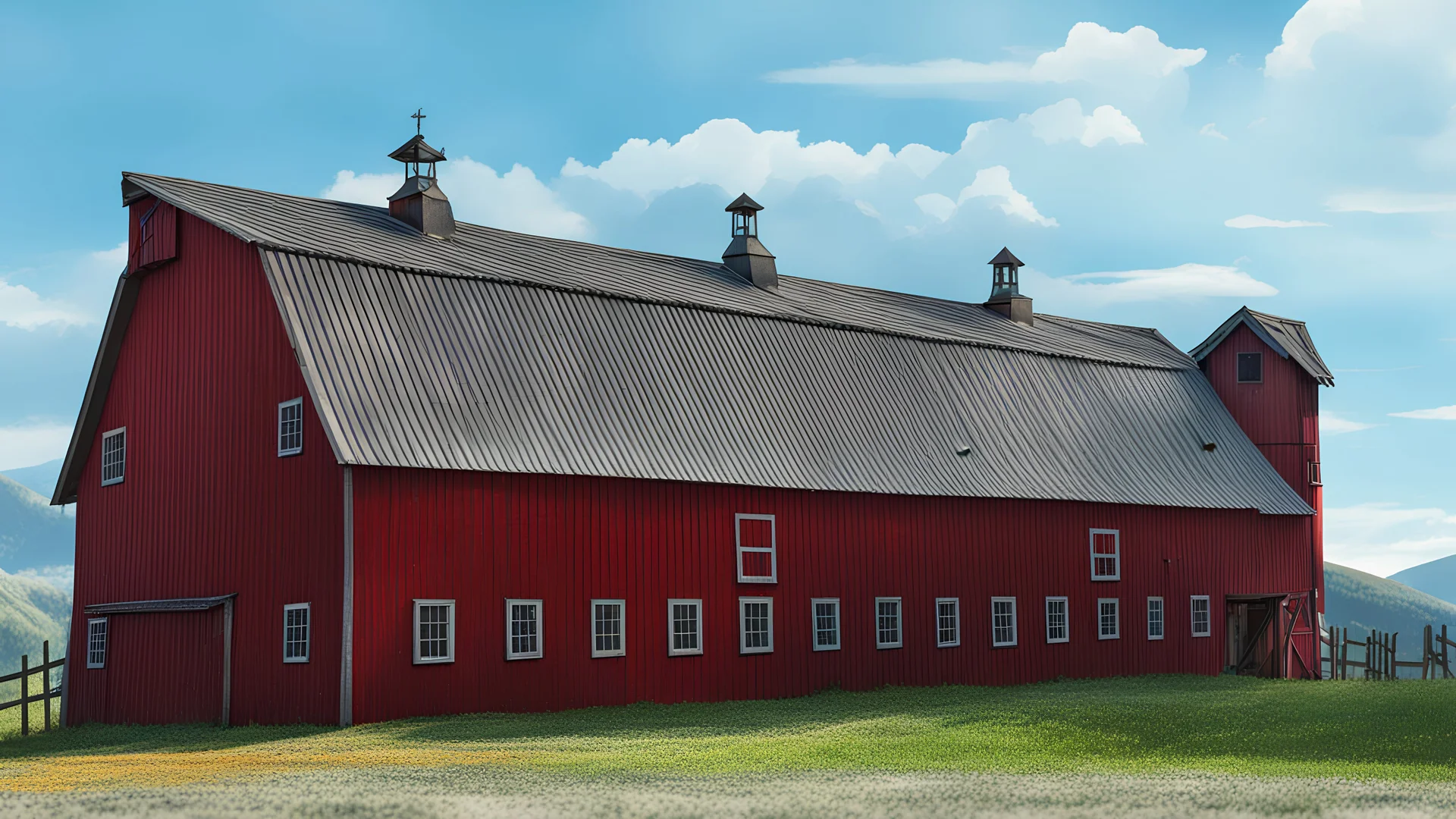 game art of a red barn with a blue sky and the sun and clouds with mountain in the background
