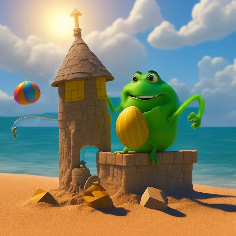 The hangman and the locust on the beach happily making sandcastles in the sun, art by Pixar and Dreamworks