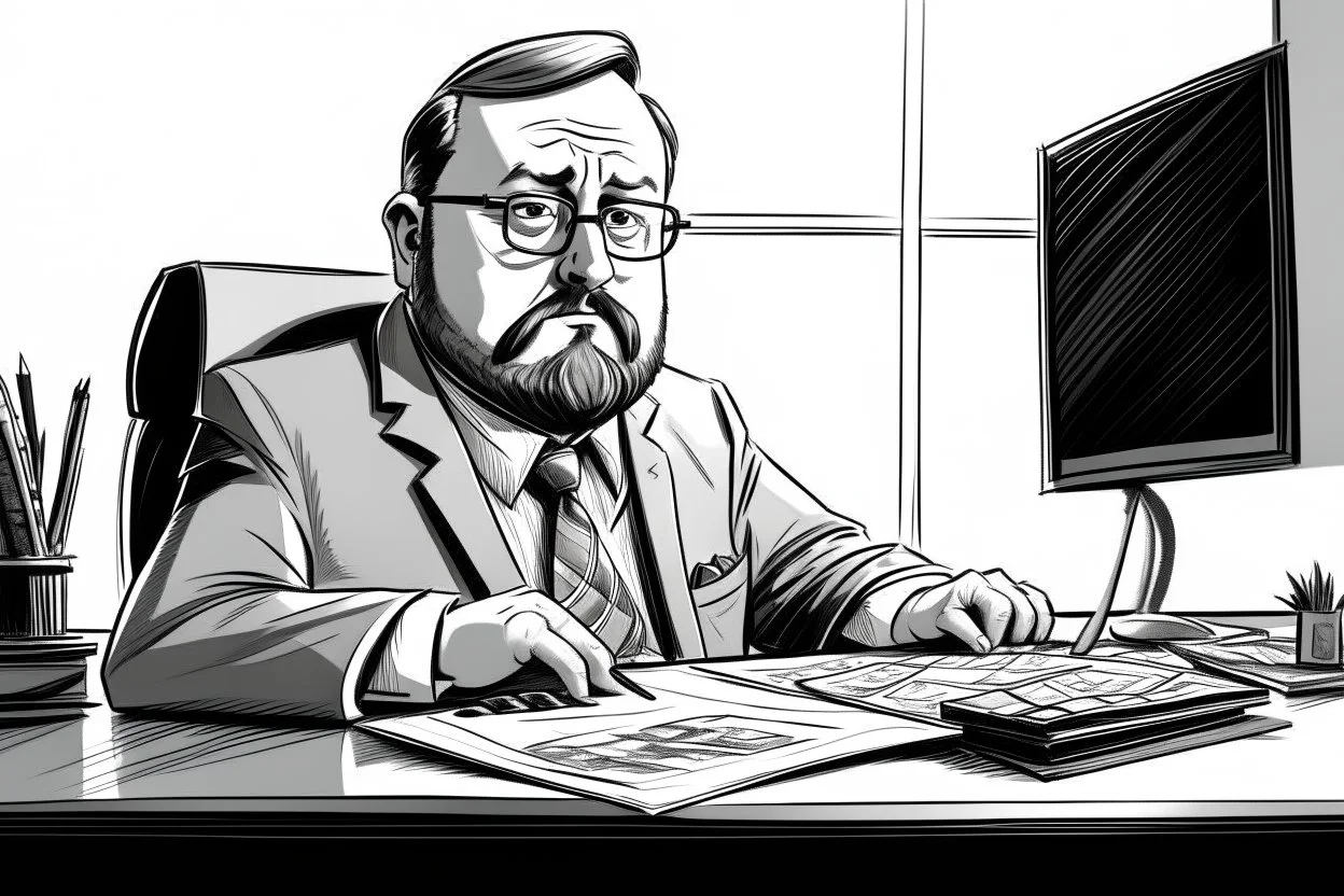 big russian man sitting at desk, portrait, speech, TV address, nametag, glasses, neck beard, short hair, mustache, suit; caricature style, sketch art; black and white; grayscale, pencil drawing