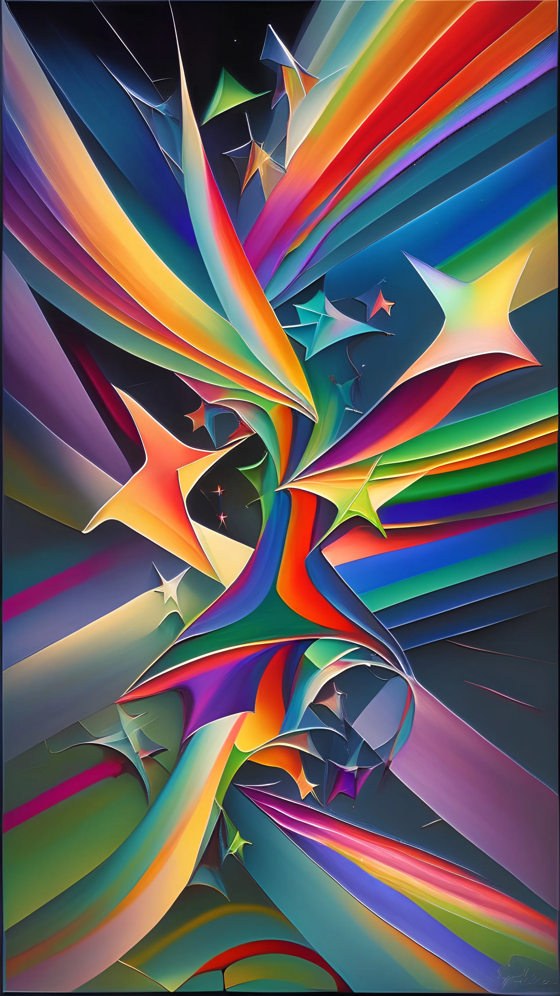 Ribbons stars abstract rainbow iridescent painting