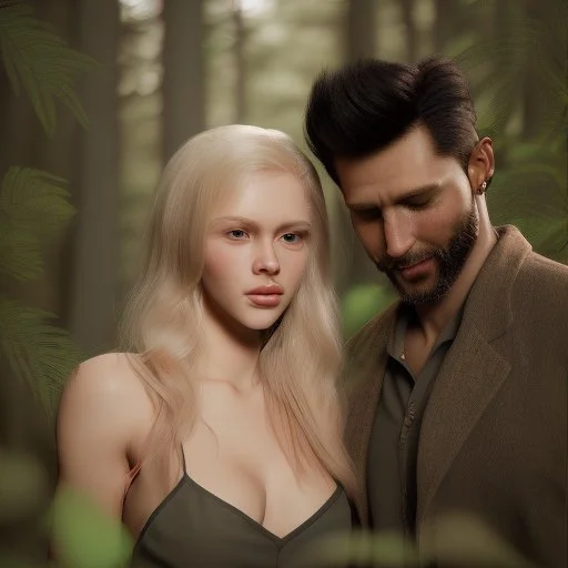 A photo realistic portrait of a stunning blonde girl and muscular dark haired man in a lovers embrace standing in a forrest