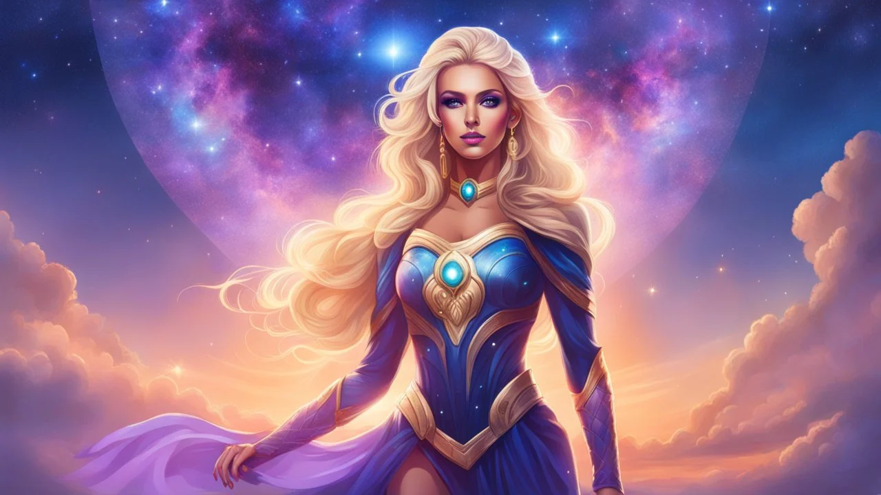 Full body portrait of a peaceful ((smiling)) gorgeous blonde Goddess of the galaxies with a blue indigo purple skin, high skul, luminous eyes in a galactic sunset