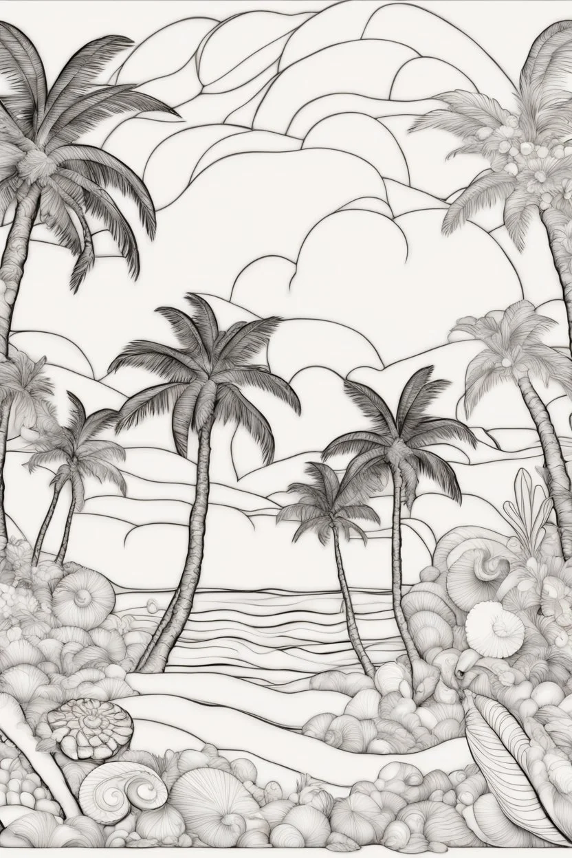 Palm trees with seashells, outlined in black and white with clear, substantial lines for an adult coloring book, contour, vector, clean line art, against a white background