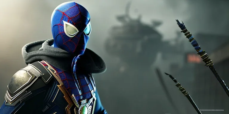 No1st_cr1t1kal, Spider Man, full portrait of black samurai gaspunk, high detail, volumetric lighting, tiny features, intricate detail, volumetric clouds