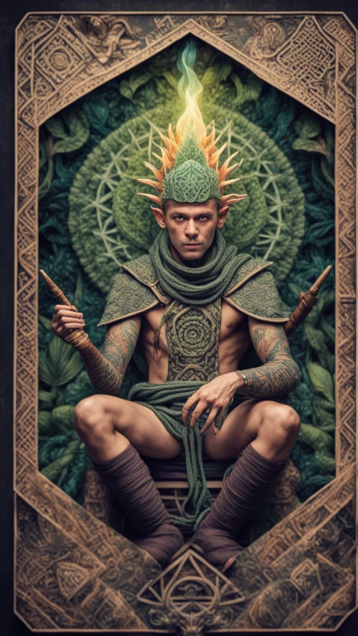 mandala style framed playing card illustration, close up portrait of an ace happy blessed ancient magical scaly slimy weird toga elf mad max soldier posing for photo shoot on a throne, holding a burning sceptre, in a space alien mega structure with stairs and bridges woven into a sacred geometry knitted tapestry in the middle of lush magic jungle, bokeh like f/0.8, tilt-shift lens 8k, high detail, smooth render, down-light, unreal engine, prize winning