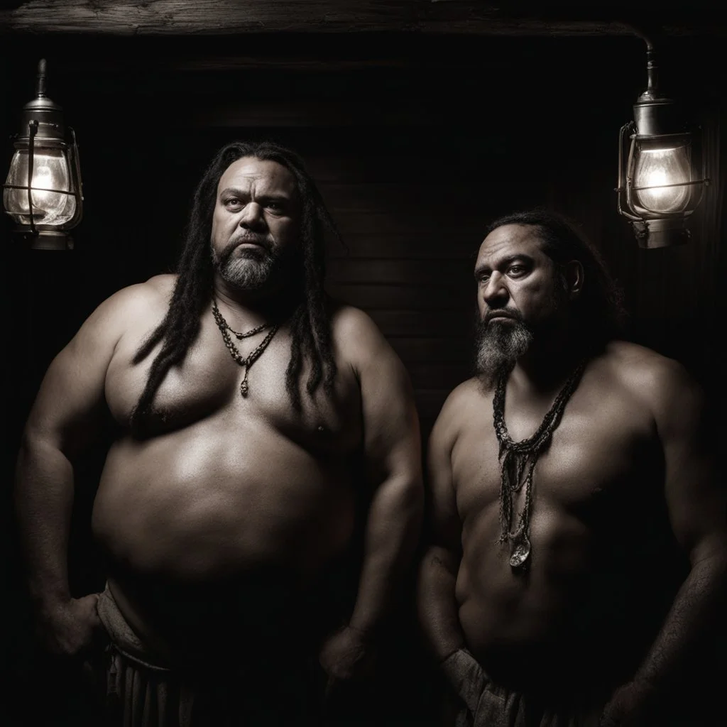 half figure shot photography of two angry gipsy 41 years old burly chubby ugly men embracing tightly, dreadlocks, shirtless, in a sauna full of steam, dim lights, side light, ambient occlusion,