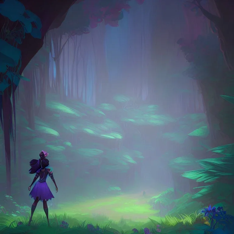 blue ridge mountains environment, fairy novel character, vibrant colors in the style of little african princess, circle shaped format with floral boarder, colorful volumetric reflective lighting effects, beautiful spirit ultra detailed, Intricate concept character design is walking through the dark forest woods