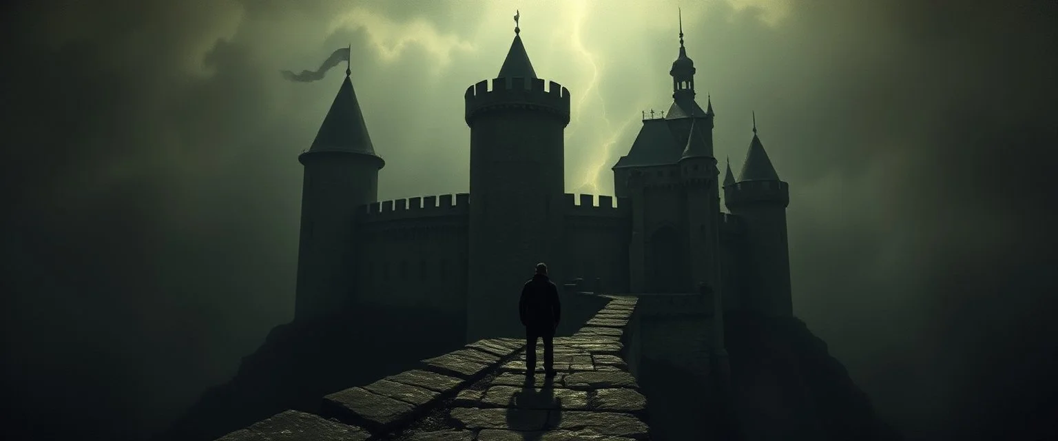person looking down from top of castle, He’d turn the castle into a mood, not just a building Instead of a clean, detailed fortress, you’d likely get something emerging from shadow—half-hidden, dramatic, almost mysterious. Think less “tourist postcard,” more “something important just happened here.” Light would be the main character Rembrandt’s signature style—Chiaroscuro—would dominate. Maybe a single beam of light hitting a tower while the rest fades into darkness.