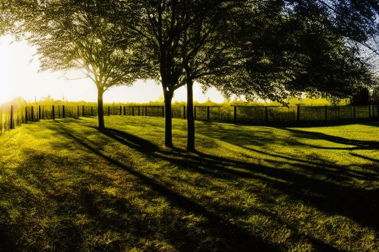 Sunny day, trees, and fence, photography, hyperdetailed, 4k