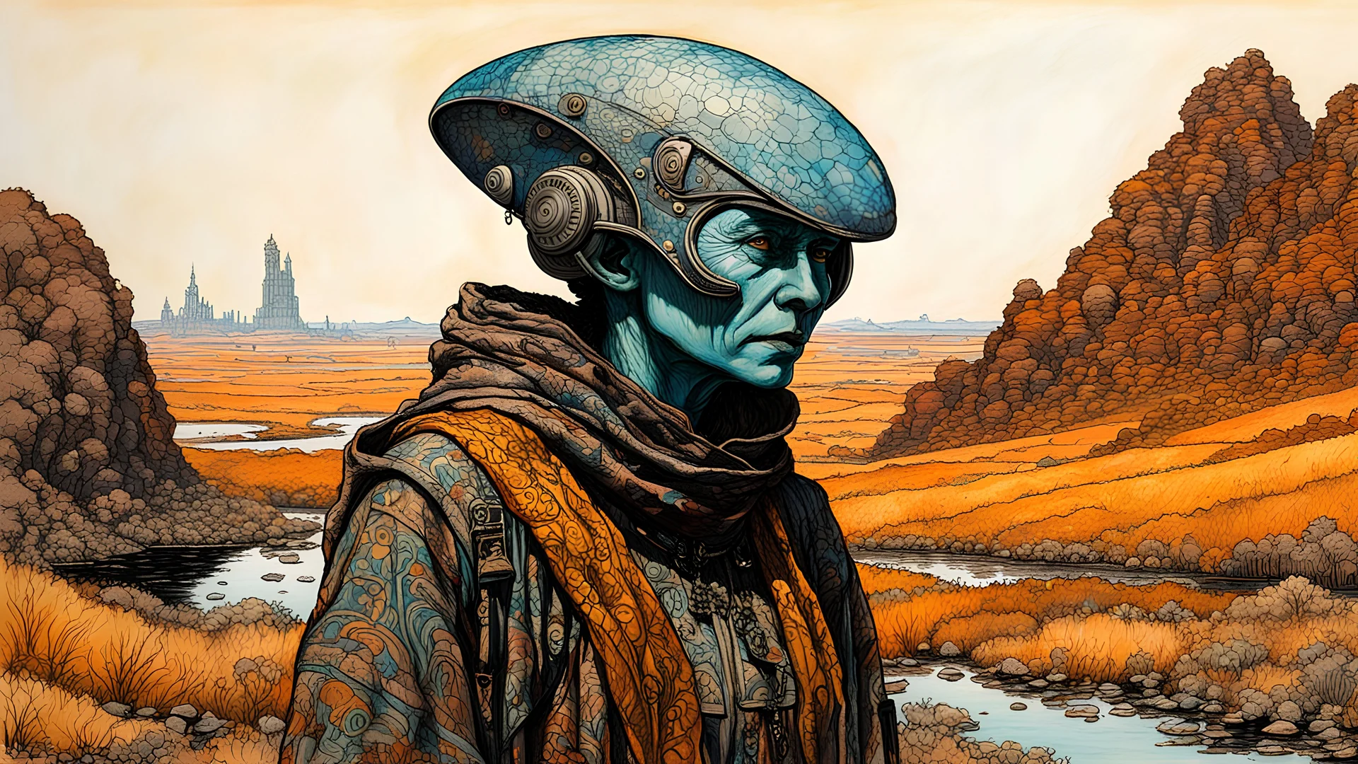 highly detailed, full body, ink oil portrait painting of an ancient, female alien traveler , in the impressionist style of Childe Hassam, mixed with art nouveau, abstract impressionism, the surrealism of Yves Tanguy, and the comic art style of Jean-Giraud Moebius, precise and sharply defined facial features, protective clothing , and skin textures, in subdued autumnal colors