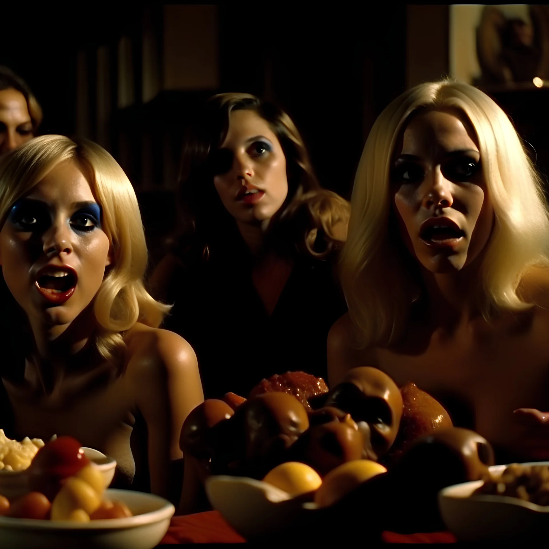 Horror movie shot, hot, ultra realistic, dine, horns, ultra chaos, realistic hot blonde women, party, pieces of meat, organs, hot dynamic, very excited people, hypermaximalist figures, light, 1970's Italian horror movie, sinister,, Dario Argento, Stanley Kubrik, ornate, 4k, photorealism