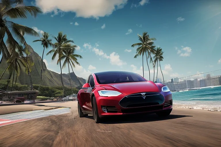 A Tesla 'Model 3' is racing at top speed, at the beach of Waikiki in Hawaii. CINEMATIC. WIDE ANGLE LENS. PHOTO REAL.