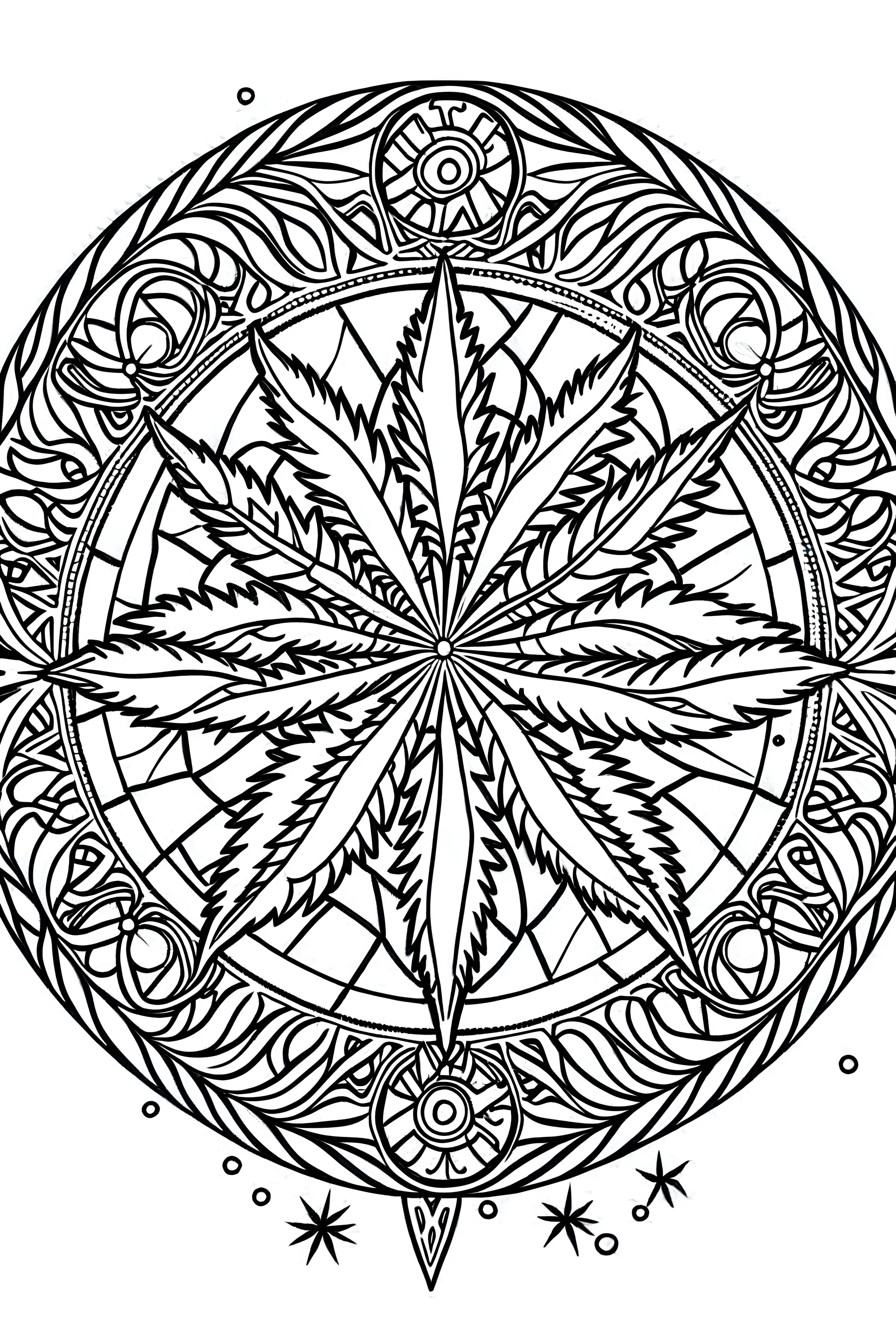 outline art for stoners coloring pages with A very simple stained glass style design featuring swirling smoke patterns and intricate cannabis leaf details., white background, sketch style, fully body, only use outline, mandala style, clean line art, white background, no shadows and clear and well outlined