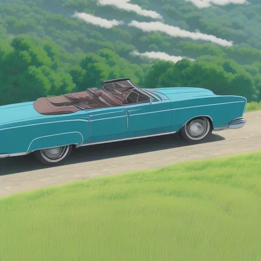 old cabriolet Cadillac front, de côté, metallic blue, in the green countryside with a beautiful blue sky