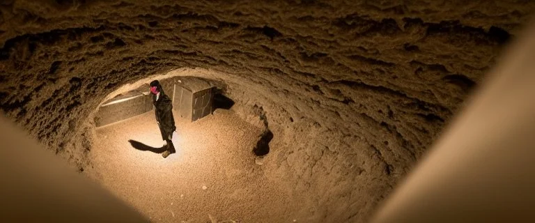 character in semi-darkness, on the scree cone of an underground room dimly lit by daylight coming from a well located forty meters above.