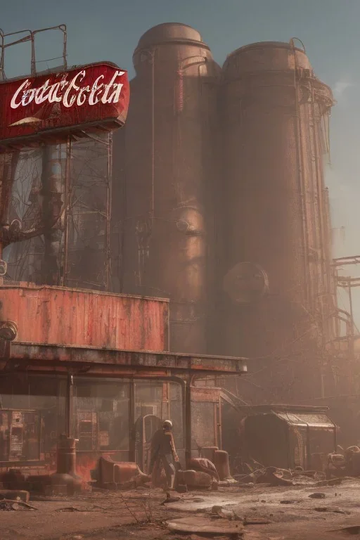 fallout cocacola factory, 8k resolution, high-quality, fine-detail, digital art, detailed matte, volumetric lighting, dynamic lighting, photorealistic