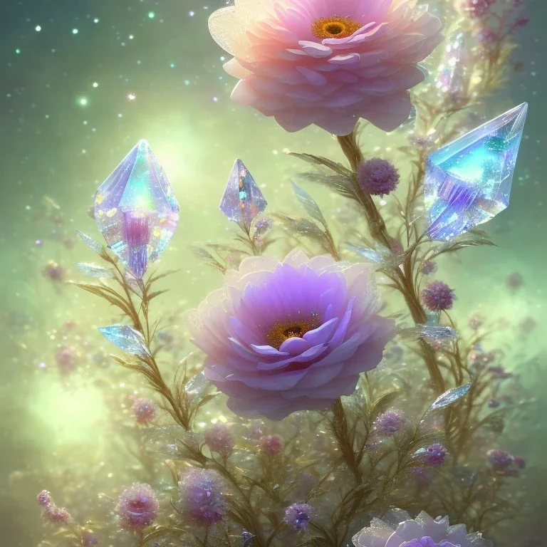 one big crystal subtle flower in a galactic ambiance with a very little beautiful fairy, transparent petals, delicate colors, in the foreground, full of details, smooth, bright sunshine,soft light atmosphere, light effect,vaporwave colorful, concept art, smooth, extremely sharp detail, finely tuned detail, ultra high definition, 8 k, unreal engine 5, ultra sharp focus