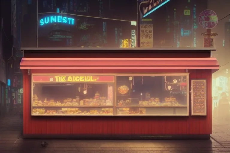 a highly detailed matte painting of a single small building, donut snack bar with take away counter with sign by studio ghibli, makoto shinkai, by artgerm, by wlop, by greg rutkowski, volumetric lighting, cyberpunk, octane render, 4k resolution, trending on artstation, masterpiece