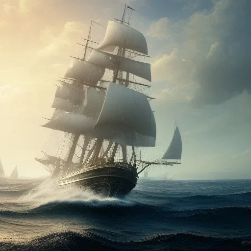 photo of a ultra realistic sailing ship, dramatic light, pale sunrise, cinematic lighting, battered, low angle, trending on artstation, 4k, hyper realistic, focused, extreme details, unreal engine 5, cinematic, masterpiece, art by studio ghibli, intricate artwork by john william turner