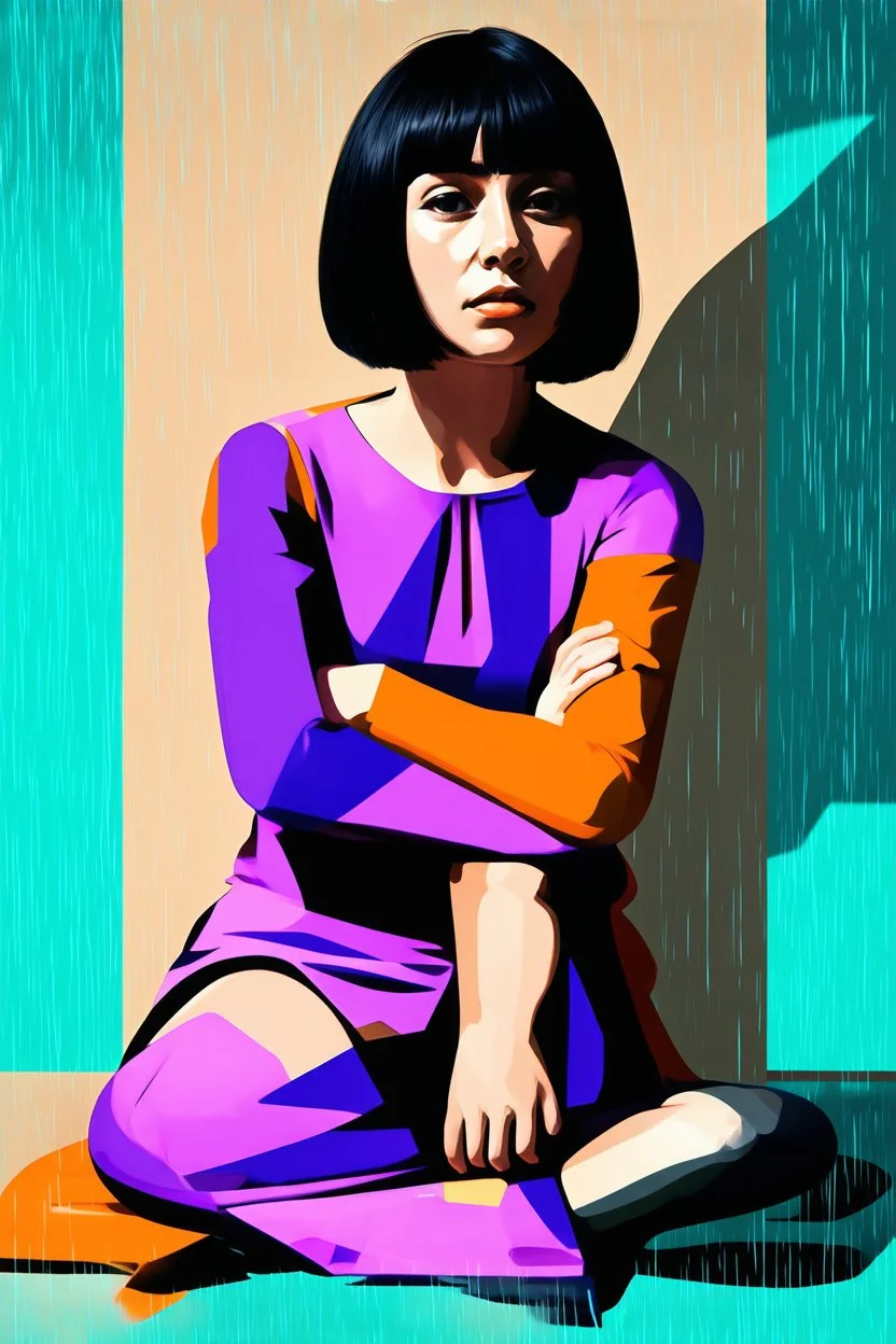 whimsical arafed nonsense stylized abstract portrait of a woman with dark bob hair, seated with arms crossed, (((oversize head))), in vibrant patchwork purple dress and orange accents around wrists, background is blend of bold beige and drab patchwork vibe, cyan tints, rainy whimsical afternoon, sharp color contrasts, amazing shadows, minimal cozy, color leak, heavily distorted views, amazing parallels