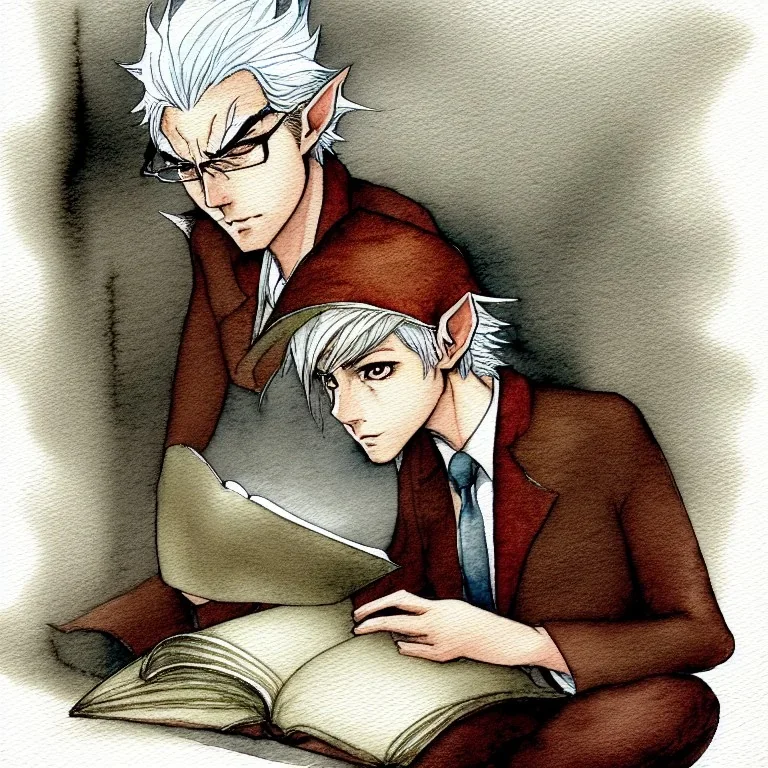 portrait of one single calm elf with white hair in brown suit reading a legendary book, fantasy character art, concept art, somber, gloomy lighting, watercolor style