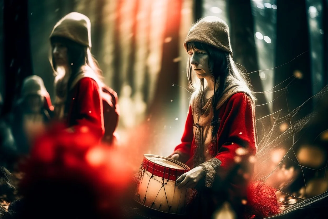 Double exposure, merged layers, Stage, stand-up microphone, drums, guitars, speakers, forest, Hansel and Gretel, Snow White walking with Robin Hood, midwife with an iron nose, Little Red Riding Hood with a basket on her arm, wolf horn on her head in sunshine, ethereal, cinematic postprocessing, bokeh, dof