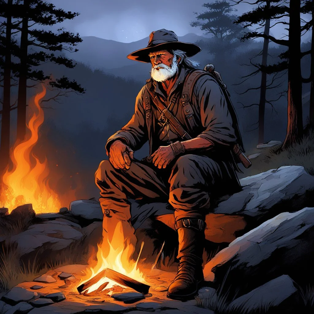 The old ranger warrior, weathered by years of wandering the untamed lands, sets his campfire at the edge of the dense forest. Perched on a hill, a large rock provides shelter from the rain, its shadow dancing in the flickering orange light of the fire. The flames cast eerie shadows on the old ranger's face, highlighting his rugged features and world-weary gaze. Around him, the night is alive with the sounds of the forest.
