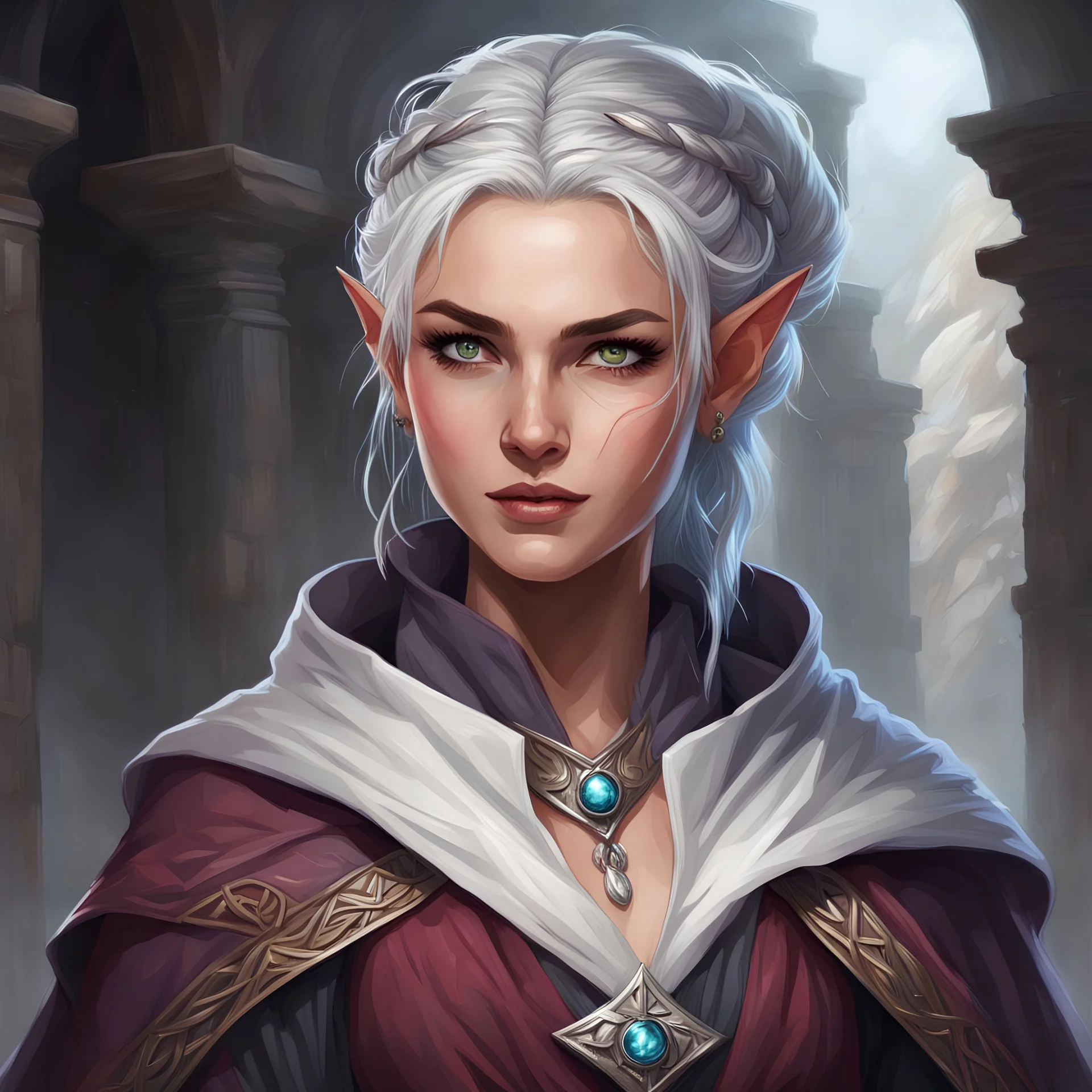 dungeons & dragons; digital art; portrait; female; sorceress; dragonic bloodline; two colored eyes; silver hair; young woman; flowing robes; veil; braided bun; greek dress; soft smile; cloak; magic; half-elf; no makeup; dark clothes; mage clothes; traveling; young