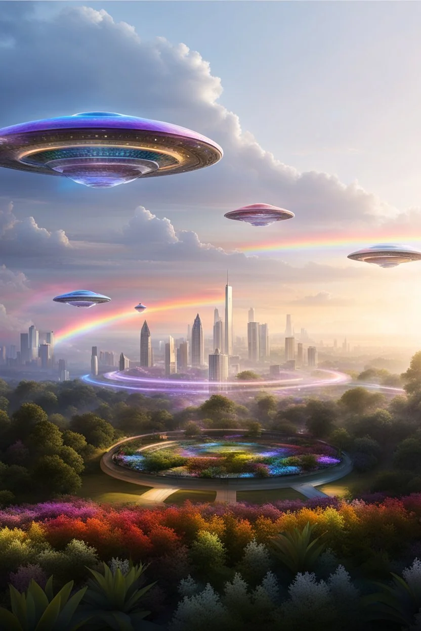 ufo rainbows, cité cristal très futuriste ultra moderne, ufos fleet, intergalactic, dômes de cristal, beautiful gardens , flowers