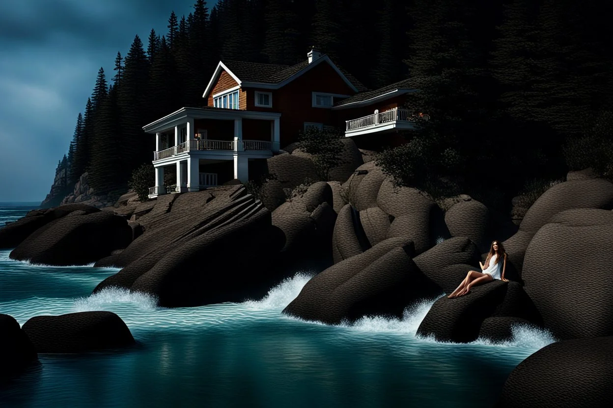 pretty dream houses in rocky mountain in wavy sea side,beautiful lady sitting on the rock her feet in water