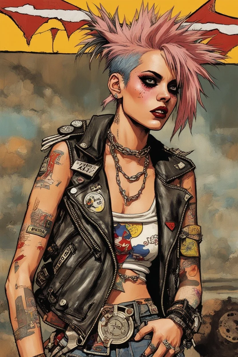 Tank Girl wore a patchwork of punk-rock attire, each piece a symbol of her fierce individuality. A tattered leather jacket, adorned with an eclectic assortment of pins and patches, clung to her lithe frame. Fishnet stockings ran beneath the cutoff shorts that defied the scorching heat. Her combat boots were worn and scuffed, bearing witness to countless adventures across the wastelands. In her grip, she held a weapon that was both her ally and her declaration of defiance—a hefty, modified firear