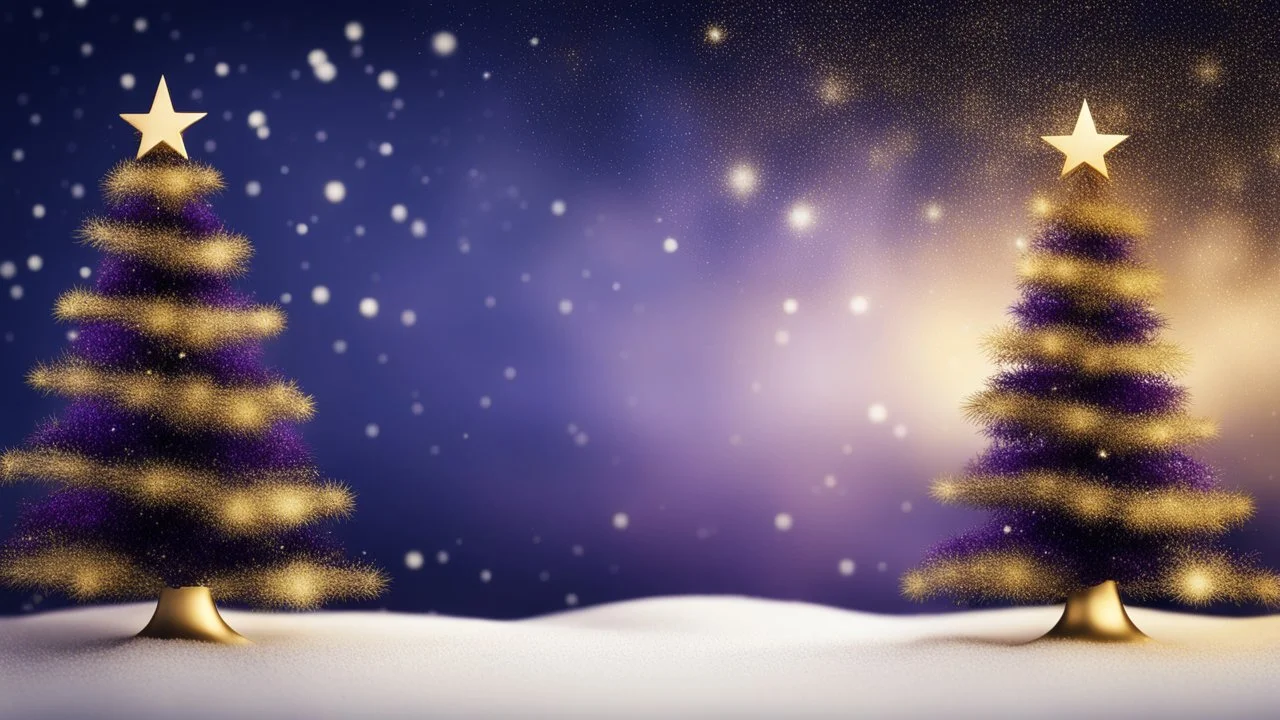 Golden Sparkling Christmas Background With Elegant Purple Navy-Blue And Black Sky With Subtle Snowfall And Mini Christmas Trees Showing Dramatic And Cinematic Ambiance.