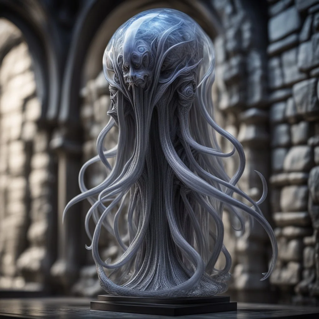 giger escher illithid mind flawyer witch sculpture in transparent murano glass in front of stone wall,bokeh like f/0.8, tilt-shift lens 8k, high detail, smooth render, down-light, unreal engine,bokeh like f/0.8, tilt-shift lens 8k, high detail, smooth render, down-light, unreal engine