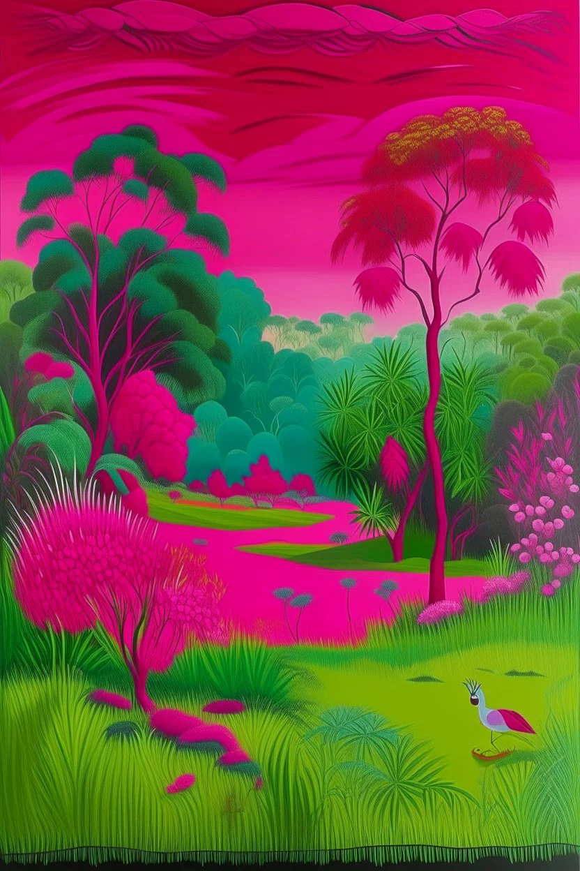 A magenta garden with crickets designed in Australian aboriginal art painted by George Inness