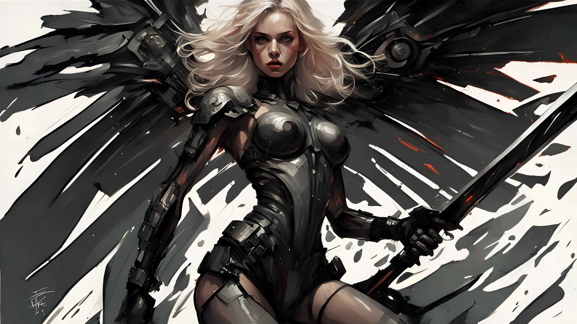 biomechanical women, beautiful, cyberpunk, dusty blonde, short square, large biomechanical black wings, sword, cybernetic, dynamic pose, rain, wind, ashes, flashes of fiery threads, sketch art, fine lines, grunge, sensual, darkness, dark colors, by Raymond Swanland & Alyssa Monks & Anna Razumovskaya