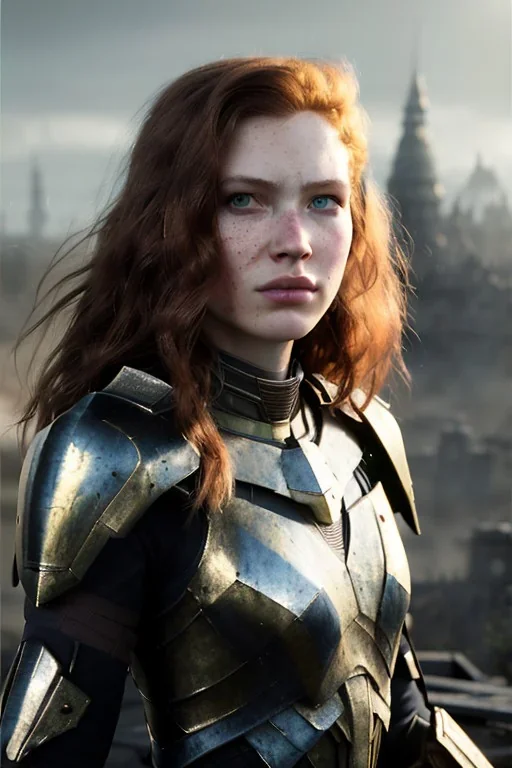 ultrarealistic, concept art, panoramic,ruined city,__intricate fantasy armor__, no star, __angles__, 18 year old woman, strikingly beautiful,ginger hair, _colour_, (pale __skincolor__ skin:1.2), __camera__, long hair, detailed face and eyes, medium breasts, sci-fi theme, freckles, dynamic pose, resolved expression, __accessory__, strappy outfit, (straps:1.1), sword in scabbard on left hip, (buckles, buttons, snaps, rings:1.0), haltertop style breastplate, detailed eyes, plump lips