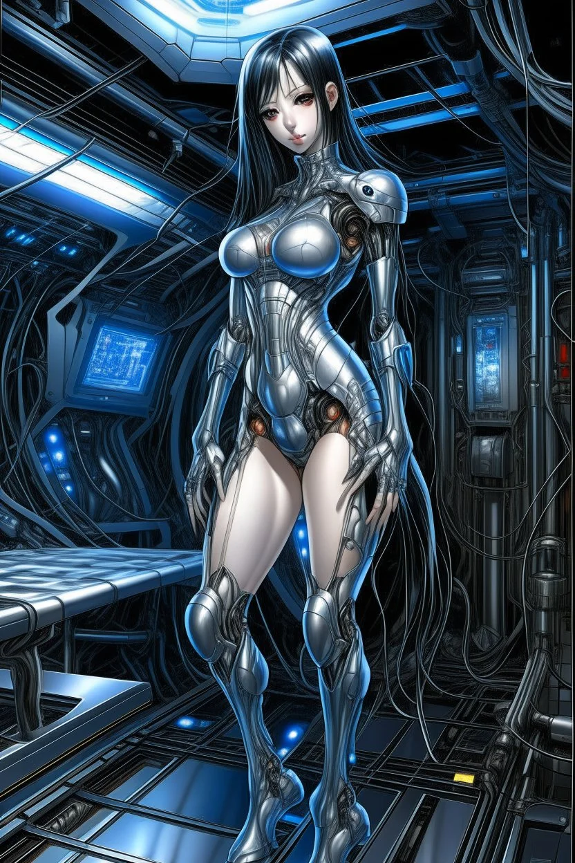 A digital painting by Kuniyoshi and Hajime Sorayama of full body tech beautiful cyborg girl inside a futuristic matrix.