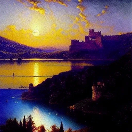 Drawing of 'Medieval Romanian Castle',mountain,lake,full moon, by gaston bussiere, greg rutkowski, yoji shinkawa, yoshitaka amano, tsutomu nihei, donato giancola, tim hildebrandt, oil on canvas, cinematic composition, extreme detail,fit full head inside picture,16k