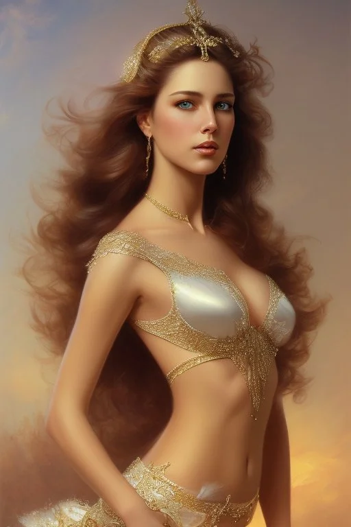 full body frame ,art by Ralph Horsley, masterpiece, portrait of a young eropean woman, aristocratic beautiful woman, beautiful face, perfect symmetric eyes, proportional face, waist-length, brown-haired, beautiful face. brown eyes, sparkling eyes, as realistic as possible, detailed portrait, watercolor sketch in the style of Marc Silvestri and Jody Bergsma, consistent approach, fine details, saturated paper, atmospheric, bright tones