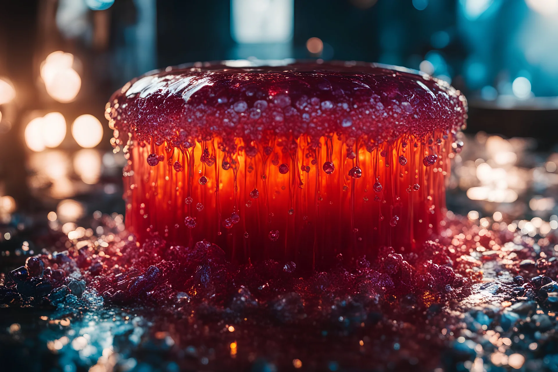 Cinematic film still of a powerful jelly explosion aftermath, details, intricate detail, professional lighting, film lighting, 35mm, anamorphic, lightroom, cinematography, bokeh, lens flare, film grain, hdr10, 8k, Roger Deakins, incredibly detailed, reflect, sharpen