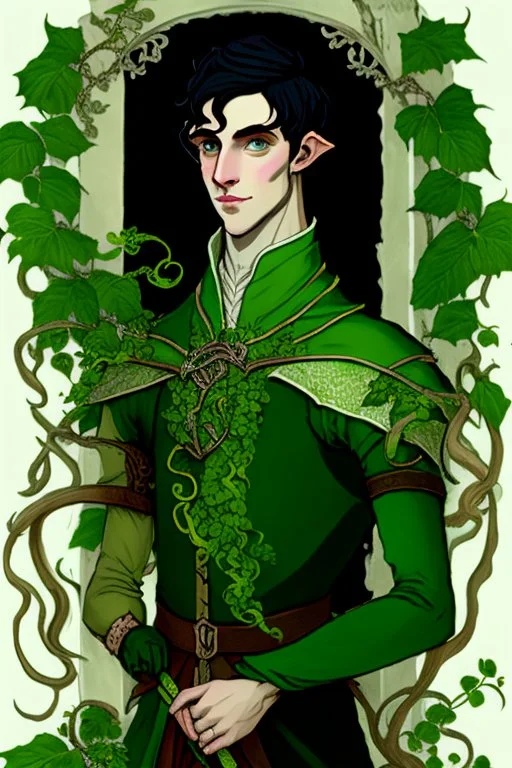 young half-Elf nobleman with green thumbs and 2 vine-like tentacles with black hair and green eyes and green thumbs with claws in the style of Beresford Egan