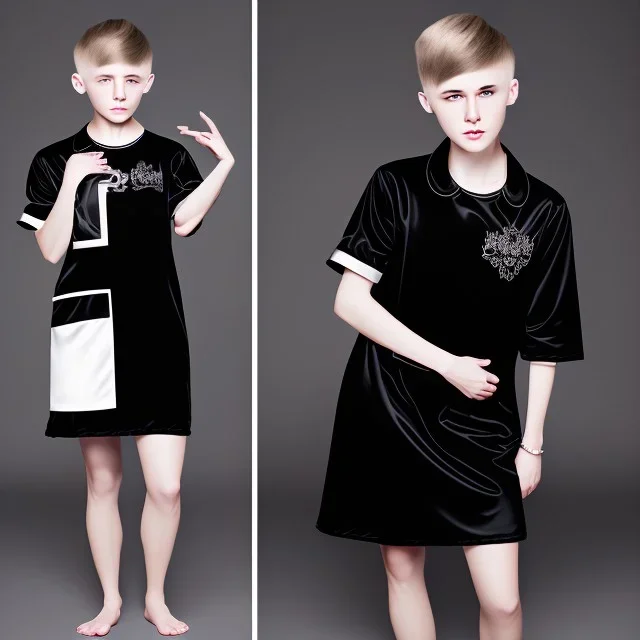 Russian short hair beautiful tomboy boyish boylike short man's haircut boyish features shortcut in black girlish nightgown in hotel wedding night