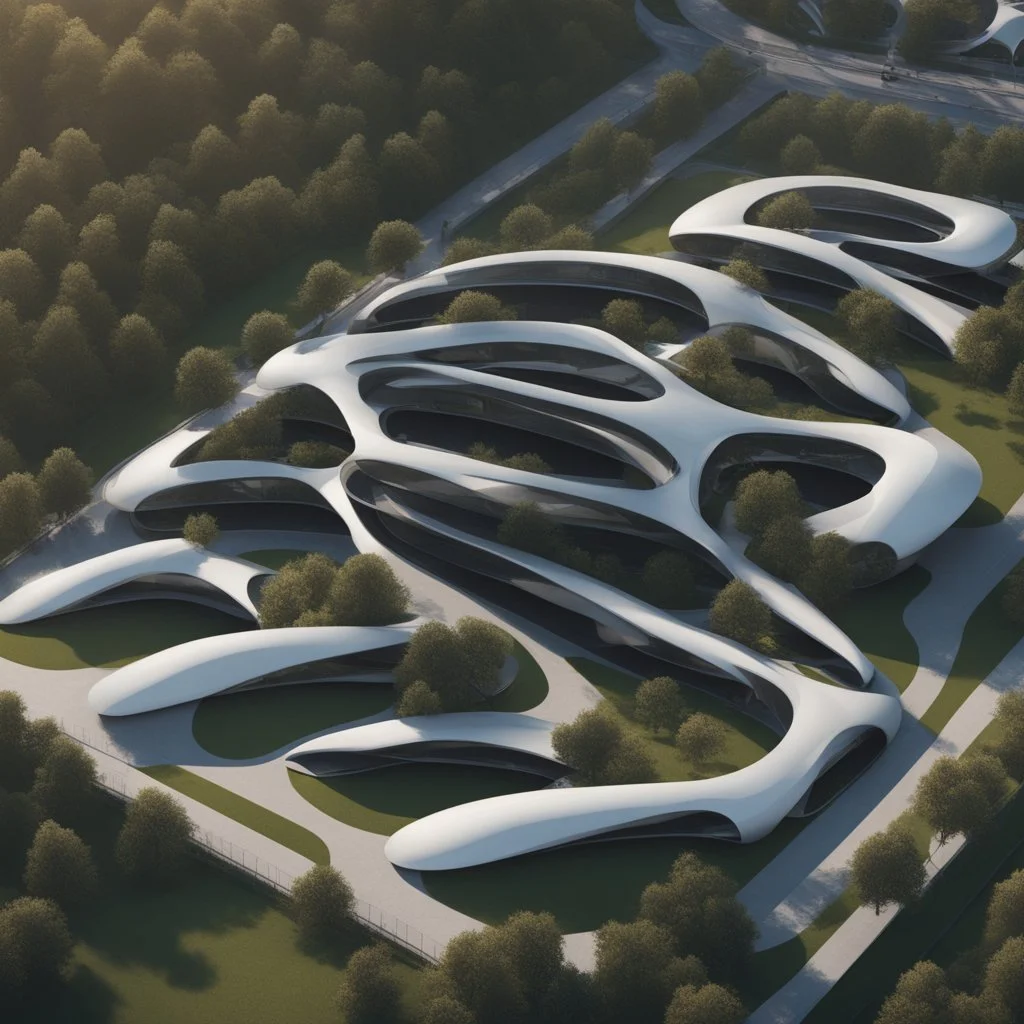 Complex of ten oval cabins, Zaha Hadid style, aerial view, ultra quality, hyper-detailed, digital art, 8k 3D, trees, parking lots, people