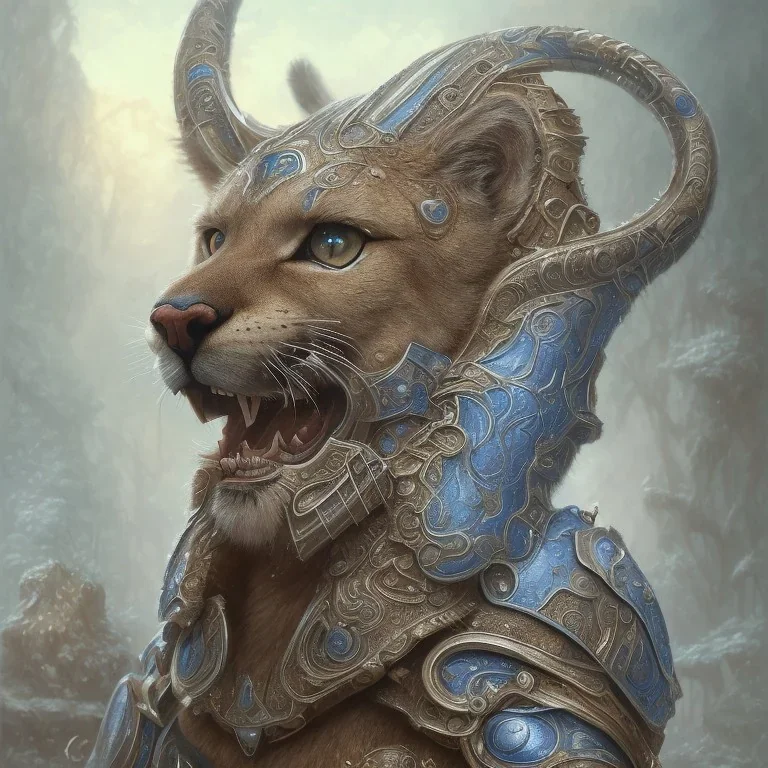 a cougar warrior in blue and white battle armor, a highly detailed illustration, background of Inka jungle, realistic render, 8 k, micro detail, intricate, elegant, centered, digital painting, Artstation, smooth, sharp focus, illustration, artgerm, tomasz alen kopera, peter mohrbacher, donato giancola, joseph christian leyendecker, wlop, boris vallejo