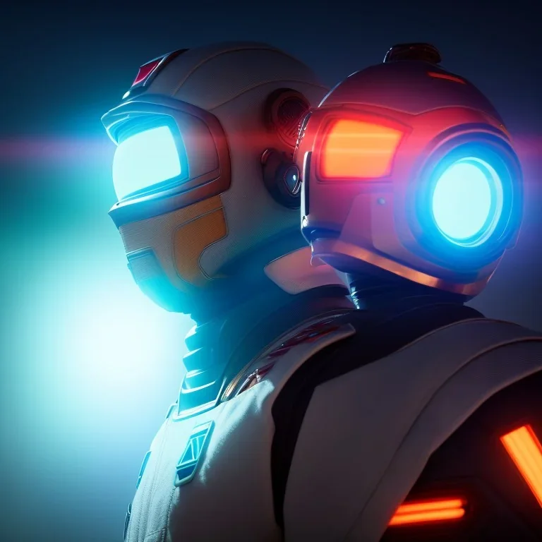 portrait, eternal samurai fusion space suit, floating in space, sun burning bright in background, neon light, 8k, 3d, blender