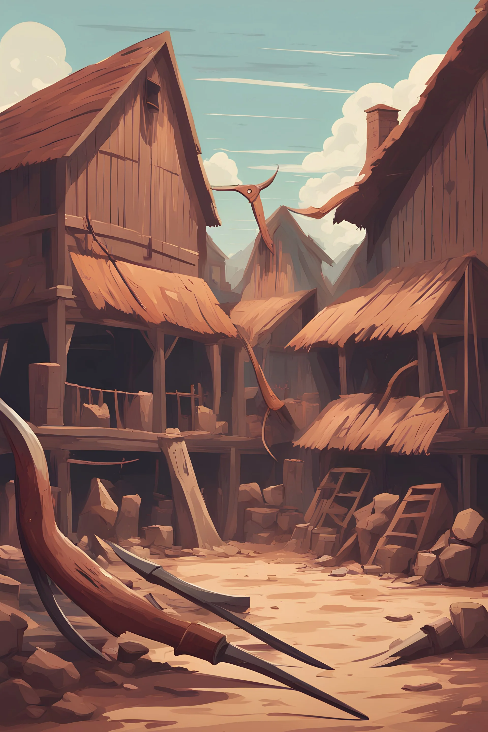 1900 AD. Warehouse. Village. Rake. Sickle, Vector, Flat Color, Really. Digital Painting