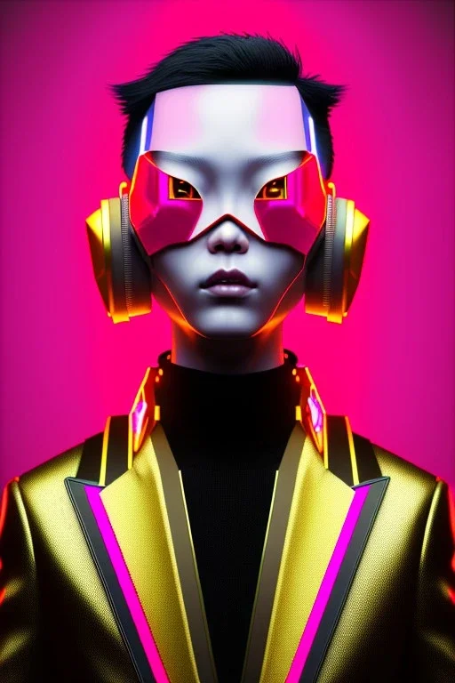 MCU Portrait, Front image. cyberpunk Asian woman, pink short hair. rabbit mask, latex suit. Red, black, gold, color. Punk style, minimal details. Gradient background, highly detailed, concept art, smooth, unreal engine 5, god rays, ray tracing, RTX, lumen lighting, ultra detail, volumetric lighting, 3d, finely drawn, high definition, high resolution.