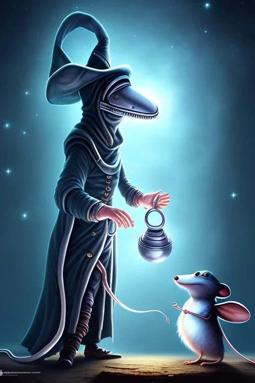 The Plague Doctor and a Mouse happily lost in the milky way attracted by mutual appreciation of their artistic desires in Outer Space, art by Pixar